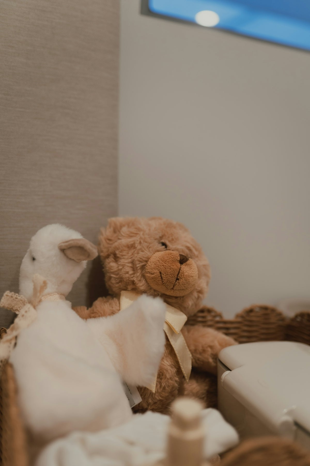 Plush teddy bear and lamb toy in a basket.