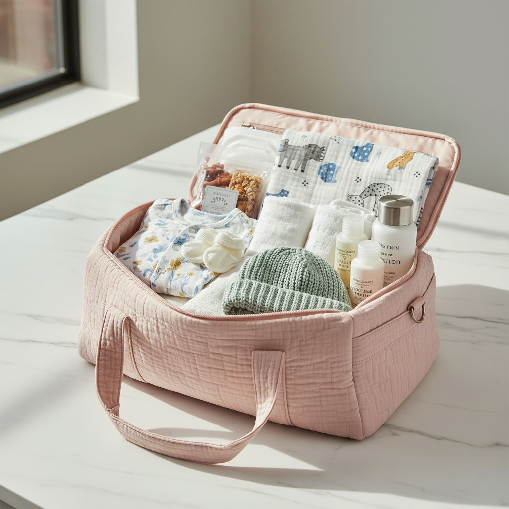 Pastel hospital bag packed with baby and mom essentials