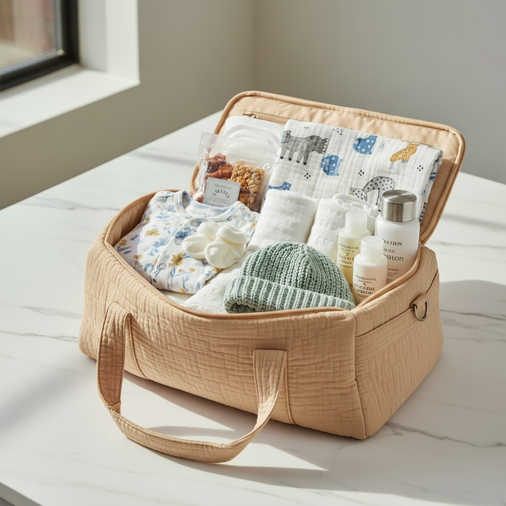 Beige hospital bag packed with baby and mom essentials